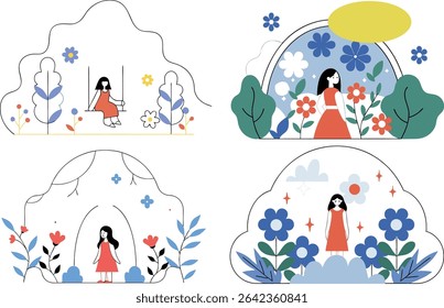 Flat vector illustration of a cute little girl with dark hair wearing an orange dress. Perfect for children’s content, storybooks, education, and character design.
