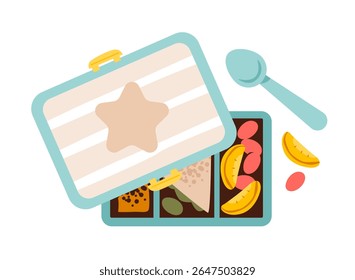 Flat vector illustration of a cute lunchbox for kids. Packed with healthy snacks, fruit, and bento-style food in a sustainable and reusable container.