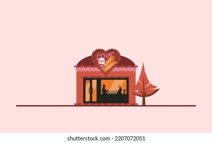 Flat Vector Illustration Of A Cute Mini Restaurent Called Cafe Love With Tree, Couple Inside, Coffee And Bread. Can Be Used For Restaurent Business Or Social Media Designes. Simple And Minimal Design.