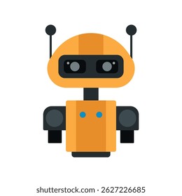 Flat vector illustration of a cute orange robot with antennas, representing artificial intelligence, robotics, and futuristic technology.