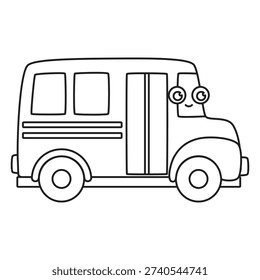 flat vector illustration of cute outline school bus character, funny cartoon bus isolated on white background