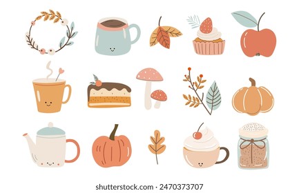 Una Ilustración vectorial plana de lindo pastel acogedor conjunto de iconos de otoño. Olla de café, taza con chocolate caliente, manzana, calabaza, pastel, tarro con galletas, hongo, ramas.