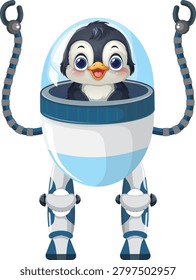 A flat vector illustration of a cute penguin pilot inside a bipedal mechanical suit.