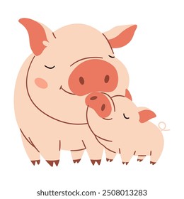 Ilustración vectorial plana. Cerdo lindo con lechón, fondo blanco. Amor maternal 