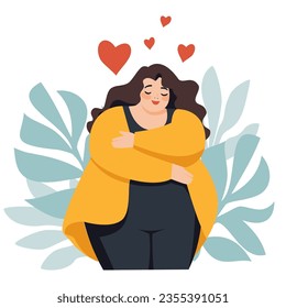 Flat vector illustration. Cute plus size girl hugging herself. Bodypositive and self-love concept