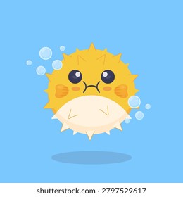 Flat vector illustration of a cute puffer fish character floating underwater with bubbles. Perfect for ocean themes, marine animals, and children's designs