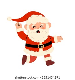 Ilustración vectorial plana de Santa Claus lindo en estilo infantil. Santa Claus agitando la mano. Ilustración de Festiva sobre fondo blanco. Colección de tarjetas de Navidad. 