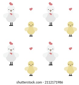 Ilustración vectorial plana con un patrón de gallinas y pollitos lindo y sencillo 