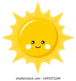 Flat vector illustration of cute smiling happy sun cartoon icon logo design, kawaii style. Shiny bright day happy sun template iolated on white background. Nature concept.