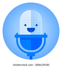 Flat vector illustration of cute smiling microphone character in kawaii style. Podcast concept design isolated on white background for online radio or mobile app