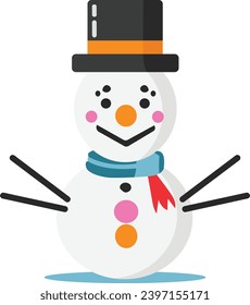 A flat vector illustration of a cute snowman with a hat, a scarf, a carrot nose, and a smile. This illustration is perfect for winter and christmas themed projects, such as cards, stickers, labels, et