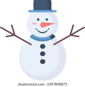 A flat vector illustration of a cute snowman with a hat, a scarf, a carrot nose, and a smile. This illustration is perfect for winter and christmas themed projects, such as cards, stickers, app, web.