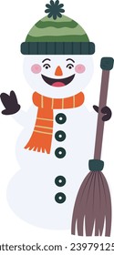 A flat vector illustration of a cute snowman holding a broom in one hand and waving with the other. This illustration is perfect for winter and christmas themed projects, such as cards, posters, flyer