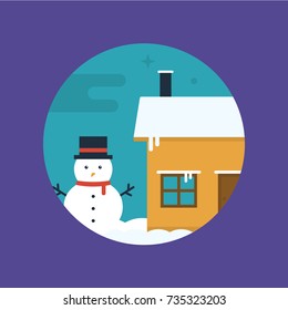 Flat Vector Illustration of a Cute Snowman Standing Near a House and Wearing a Hat and Scarf