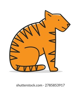 A flat vector illustration of a cute stylized orange tiger with black stripes sitting in profile view on a white background