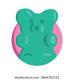 Flat vector illustration of a cute teal green gummy bear candy icon over a pink circle, isolated on a clean white background.