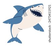 Flat vector illustration. Cute toothy shark smiling. Illustration in children's style on white background 