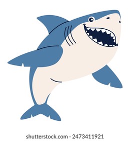 Flat vector illustration. Cute toothy shark smiling. Illustration in children's style on white background 