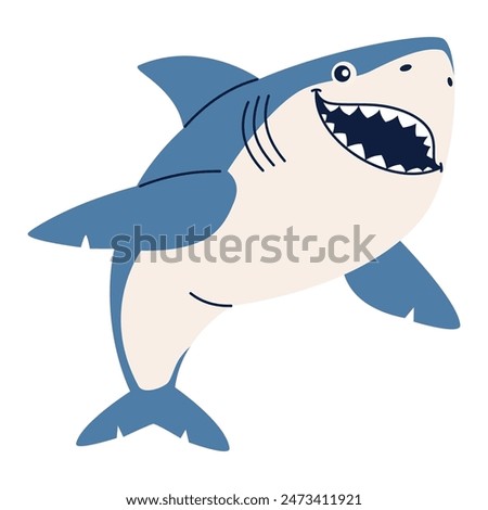 Flat vector illustration. Cute toothy shark smiling. Illustration in children's style on white background 