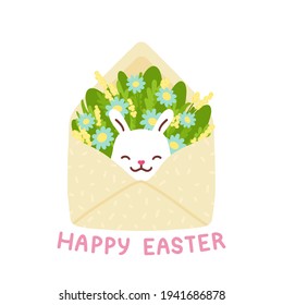 Flat vector illustration with cute white bunny and bouquet of wild flowers inside craft envelope. Happy Easter illustration.