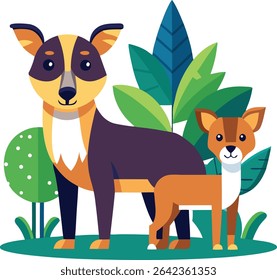 Flat vector illustration of a cute wild dog family surrounded by jungle leaves. Ideal for wildlife, nature, family, and animal-themed designs and children’s content.
