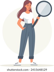 Flat vector illustration. Cute woman standing smiling and holding a big magnifying glass. Information search