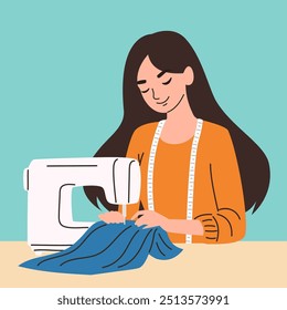 Flat vector illustration. Cute woman seamstress sewing clothes on sewing machine