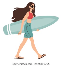 Flat vector illustration. Cute woman goes to the beach and carries a surfboard