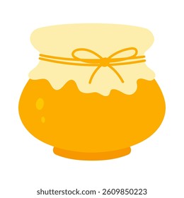 Flat vector illustration of a cute yellow honey pot with cover and ribbon. Glass jar with lid icon for packaging, branding, kitchen decor, food design.