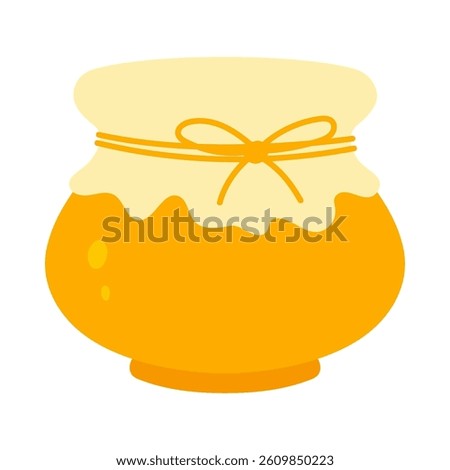 Flat vector illustration of a cute yellow honey pot with cover and ribbon. Glass jar with lid icon for packaging, branding, kitchen decor, food design.