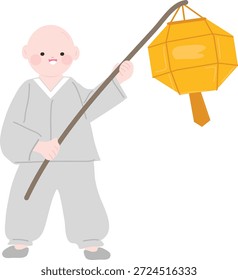 Una Ilustración vectorial plana de un monje joven lindo que sostiene una linterna en una pose tranquila y amistosa.