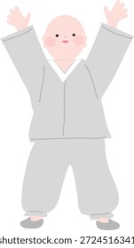 Una Ilustración vectorial plana de un monje joven lindo que levanta ambos brazos en una pose alegre y amistosa.