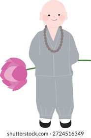 Eine flache Vektorgrafik eines süßen jungen Mönchs, der sanft lächelt, während er eine Lotusblume mit den Händen hinter dem Rücken hält.