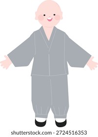 Una Ilustración vectorial plana de un monje joven lindo de pie con ambos brazos abiertos en una pose acogedora y alegre