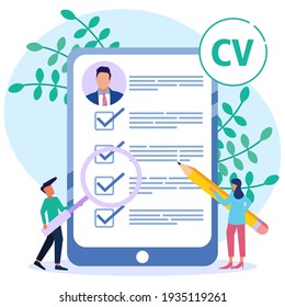 Flat vector illustration of CV curriculum vitae as employee resume for job vacancies. HR recruitment process with candidate review for professional job analysis. Cover letter for labor recruitment.