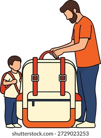 Flat Vector Illustration of Dad and Son Packing a Large Backpack