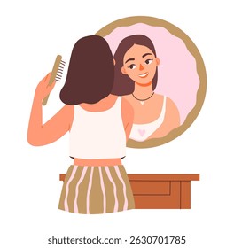 Ilustração vetorial plana da rotina de beleza diária de uma mulher. Uma mulher penteia o cabelo na frente de um espelho.