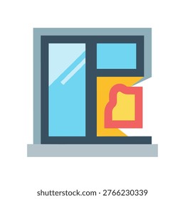 Flat vector illustration of damaged window frame with shattered glass pane and warm light glowing through opening representing vandalism or renovation site with minimal geometric design shapes.