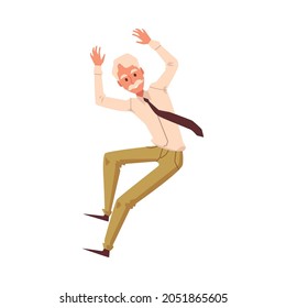 Flat vector illustration of a dancing old man. Cartoon character isolated on a white background.