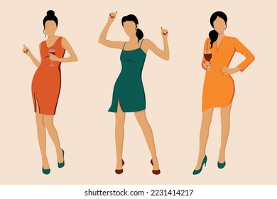 Flat vector illustration of dancing women. Dance party. Celebration. Hen party. Happy woman dancing for joy and drinking wine