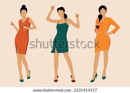 Flat vector illustration of dancing women. Dance party. Celebration. Hen party. Happy woman dancing for joy and drinking wine