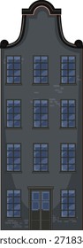 Ilustração vetorial plana de uma casa de cidade escura de Amsterdã, janelas simétricas, iluminação noturna, linhas limpas