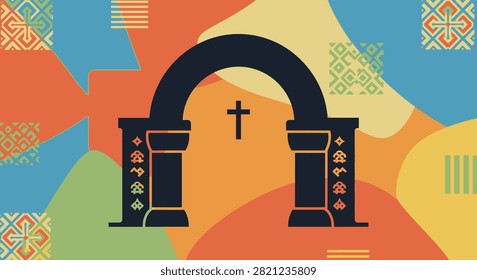 A flat vector illustration of a dark archway featuring a Christian cross at the center and decorative patterns on the side pillars.