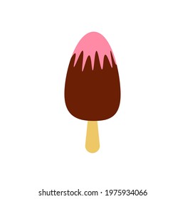 Flat vector illustration of dark chocolate popsicle ice cream bar with strawberry or raspberry syrup on a stick in bright colors. Isolated on white background.