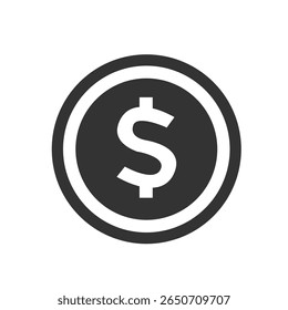 Ilustración vectorial plana de una moneda oscura con un signo de dólar blanco: un ícono de dinero minimalista moderno perfecto para finanzas, bancos, ahorros, sistemas de pago, inversiones y proyectos de diseño económico.