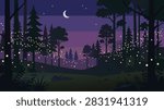 A flat vector illustration of a dark forest at night filled with glowing fireflies under a crescent moon and starry sky.