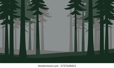 Flat vector illustration of a dark forest with tall pine trees and foggy atmosphere. Perfect for mystery, nature, and moody background concepts