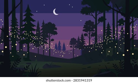 A flat vector illustration of a dark forest at night filled with glowing fireflies under a crescent moon and starry sky.