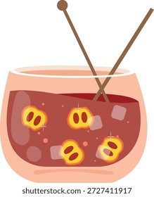 Una Ilustración vectorial plana de un cóctel afrutado oscuro con cubitos de hielo y trozos de fruta en rodajas servidos en un vaso redondeado con palitos agitadores.