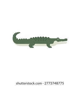 Flat vector illustration of a dark green crocodile in side profile, featuring a long body, raised tail, and textured back, designed with simple shapes on isolated background